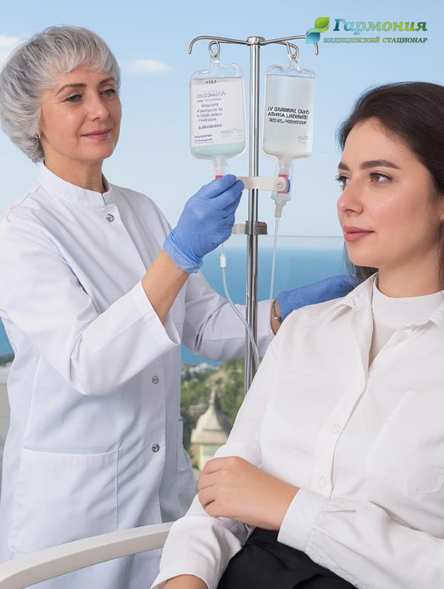 Врач и пациент с капельницей на фоне берега Борисова