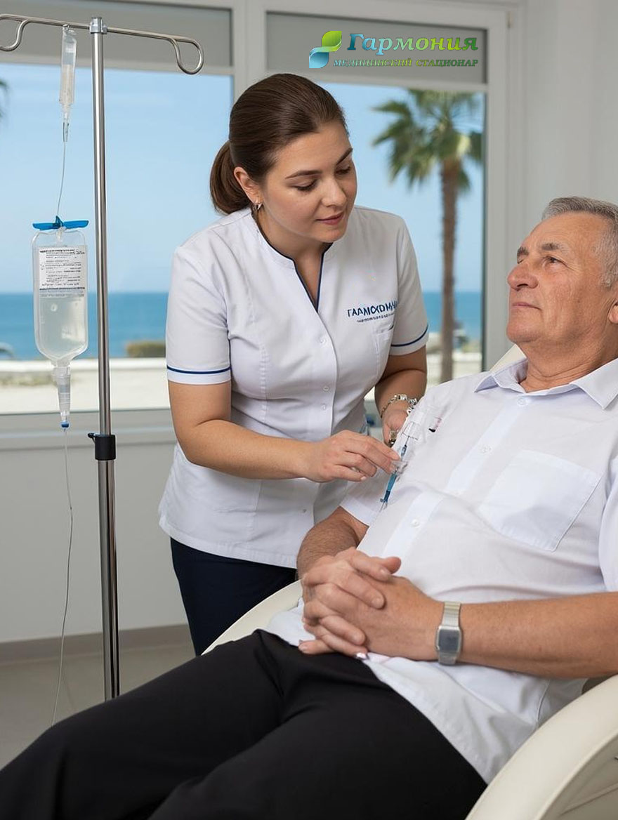 Врач и пациент с капельницей на фоне берега Борисова