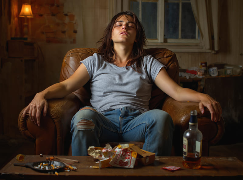 Девушка сидит на диване и страдает от алкоголя