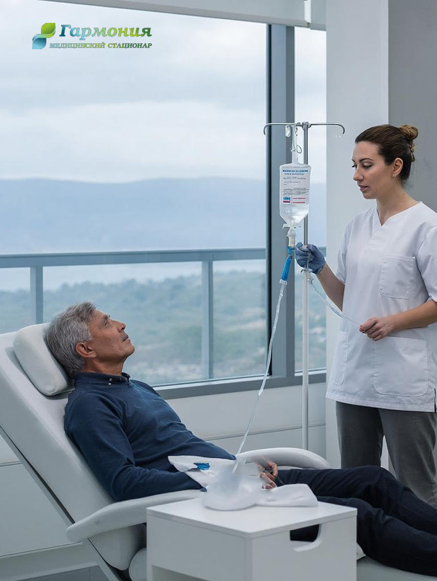 Врач и пациент с капельницей на фоне берега Борисова